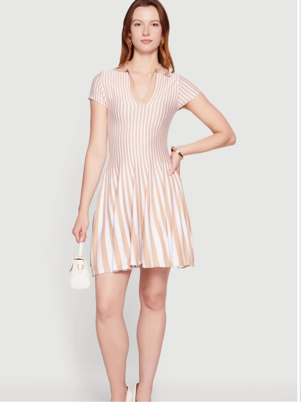 Striped Short-Sleeve Fit & Flare Dress in Beige and White